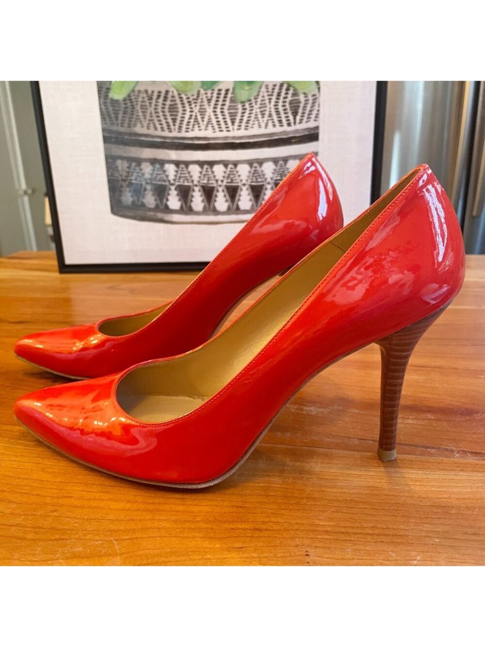 Stuart Weitzman POWER Pumps Pimento Orange Patent Leather Wood Stiletto Heel 9.5